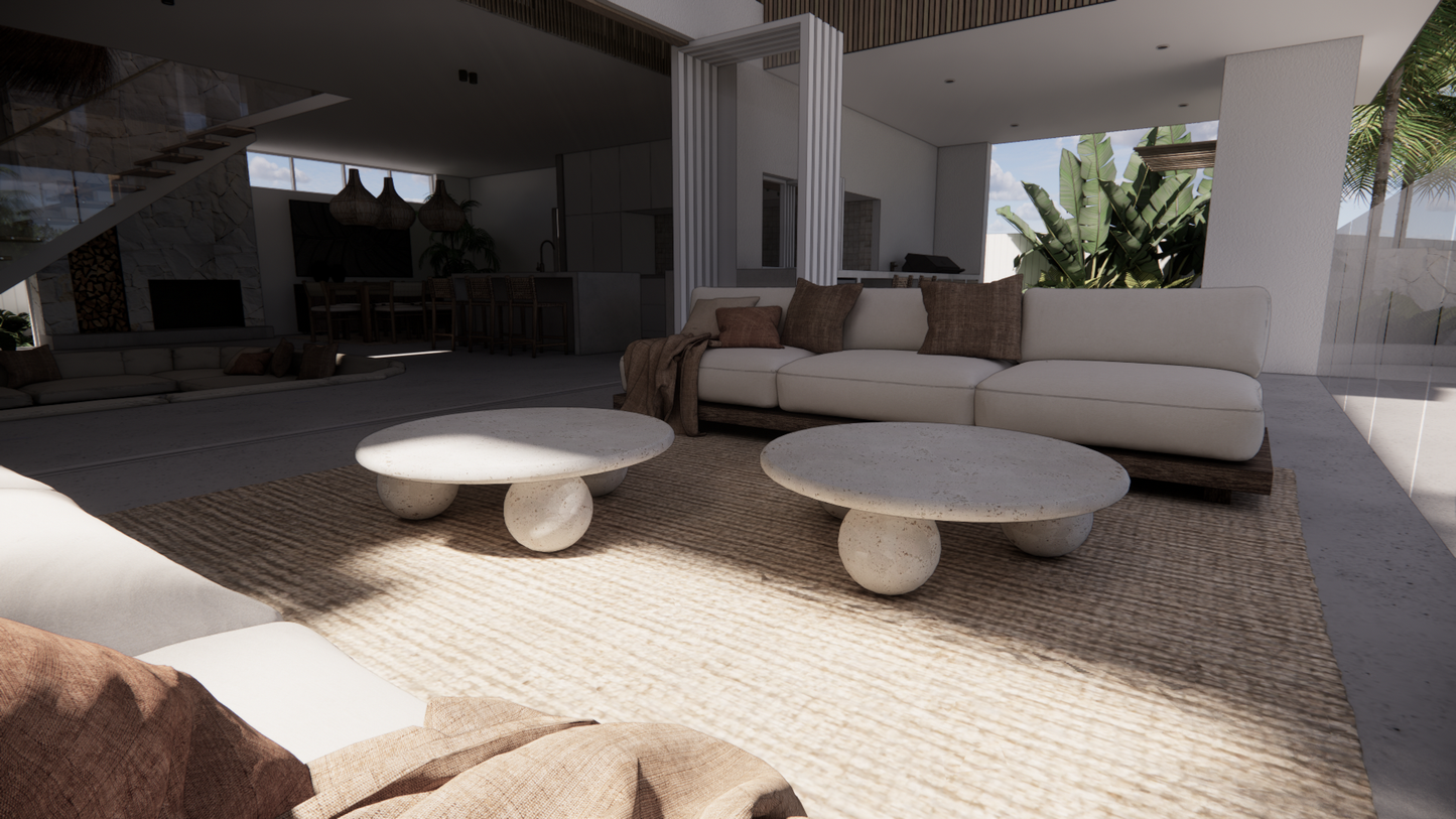 Natural Stone Travertine White Textured Finish Holes Circular Coffee Table Indoor Outdoor Living Patio Alfresco Entertaining 