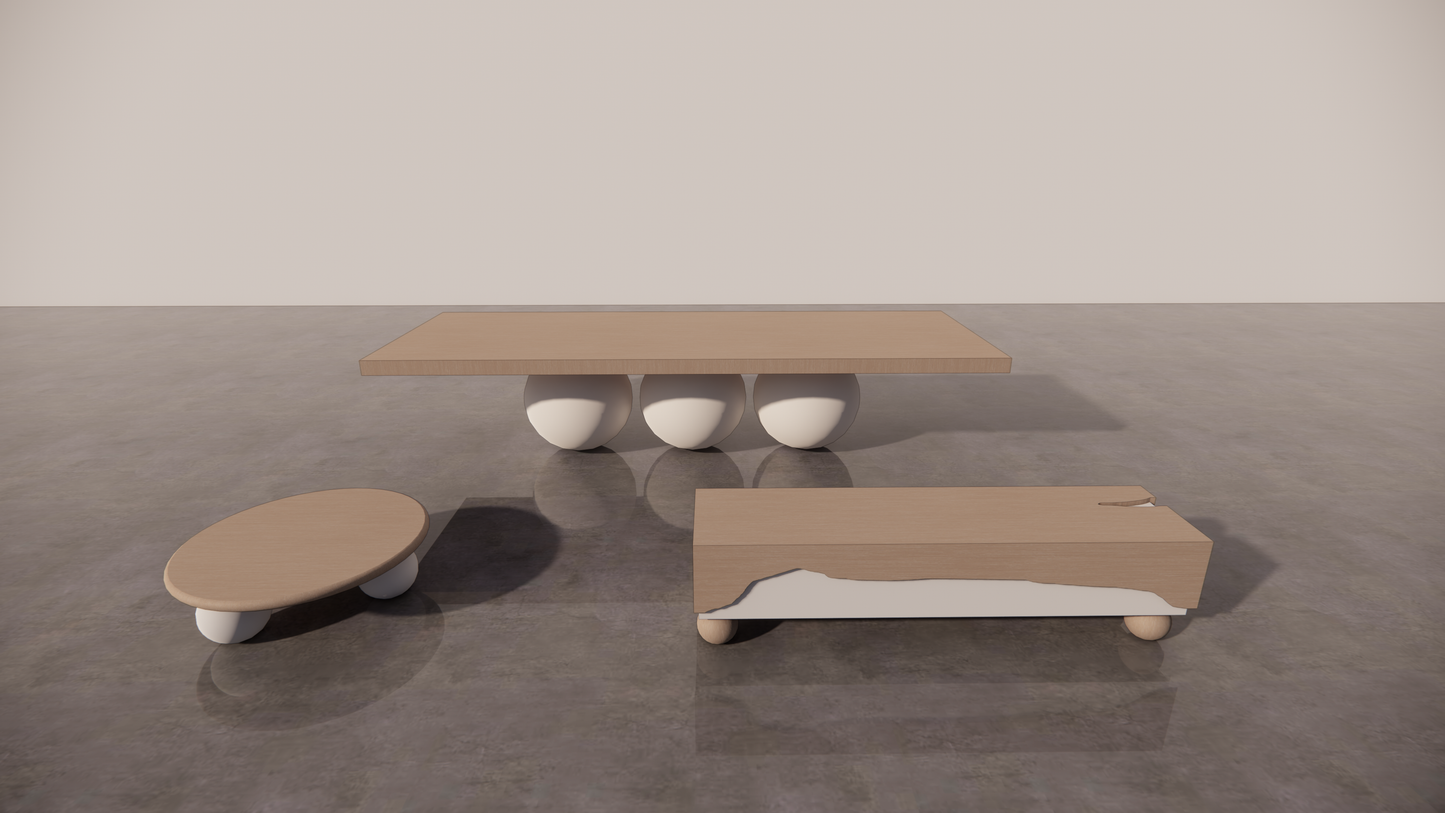 Natural Victorian Ash Light Matte Wood Matching Furniture Bundle Set 3 Piece Two-Tone Dining Table Circular Coffee Table TV Unit Matte Warm White Tones Front