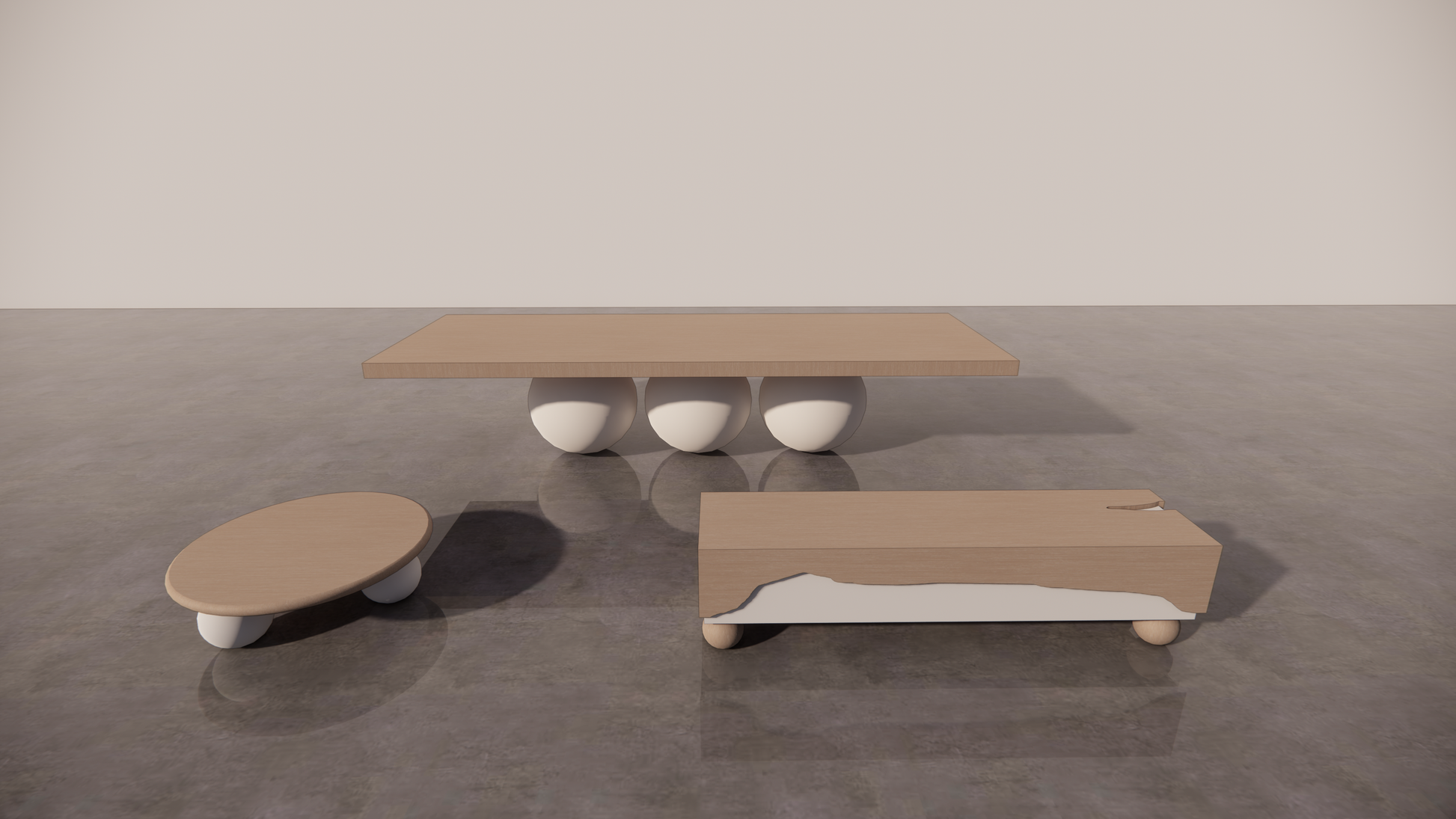 Natural Victorian Ash Light Matte Wood Matching Furniture Bundle Set 3 Piece Two-Tone Dining Table Circular Coffee Table TV Unit Matte Warm White Tones Front