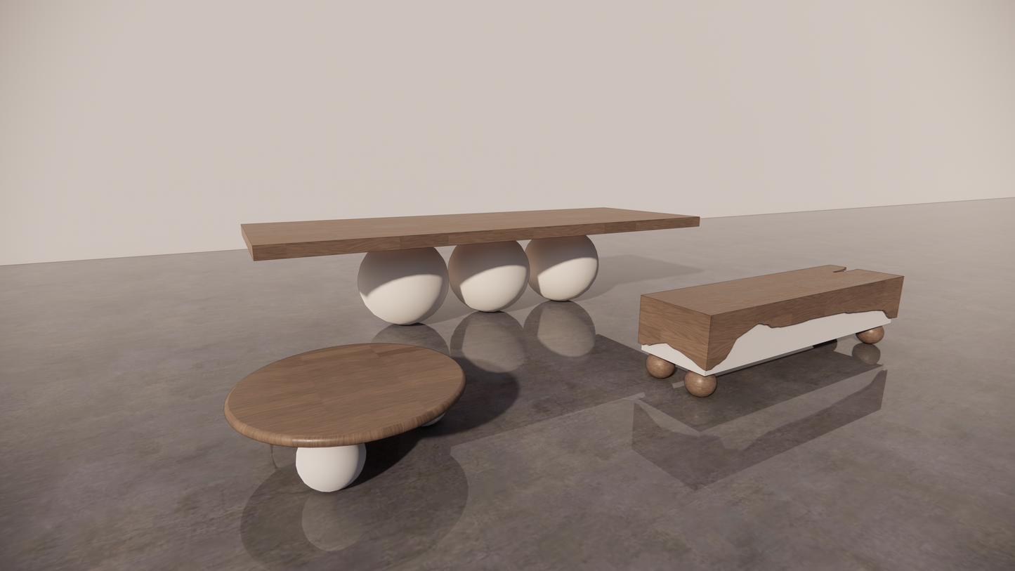 Victorian Timber Furniture Bundle Set 3 Piece Dark Natural Wood Low Sheen Satin Finish Mixed With Warm White Matte Tones Two-Tone Dining Table  Circular Coffee Table Matching Two-Tone TV Unit Front