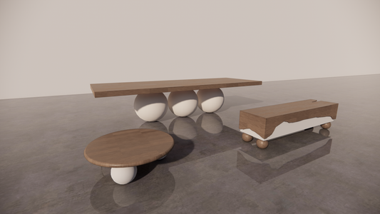 Victorian Timber Furniture Bundle Set 3 Piece Dark Natural Wood Low Sheen Satin Finish Mixed With Warm White Matte Tones Two-Tone Dining Table  Circular Coffee Table Matching Two-Tone TV Unit Front