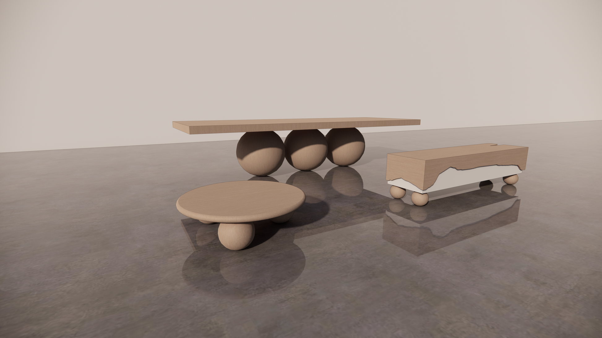Natural Victorian Ash Bundle Furniture Set 3 Piece Light Matte Wood Dining Table Circular Coffee Table Two Tone TV Unit White Cream Matte Tones Front