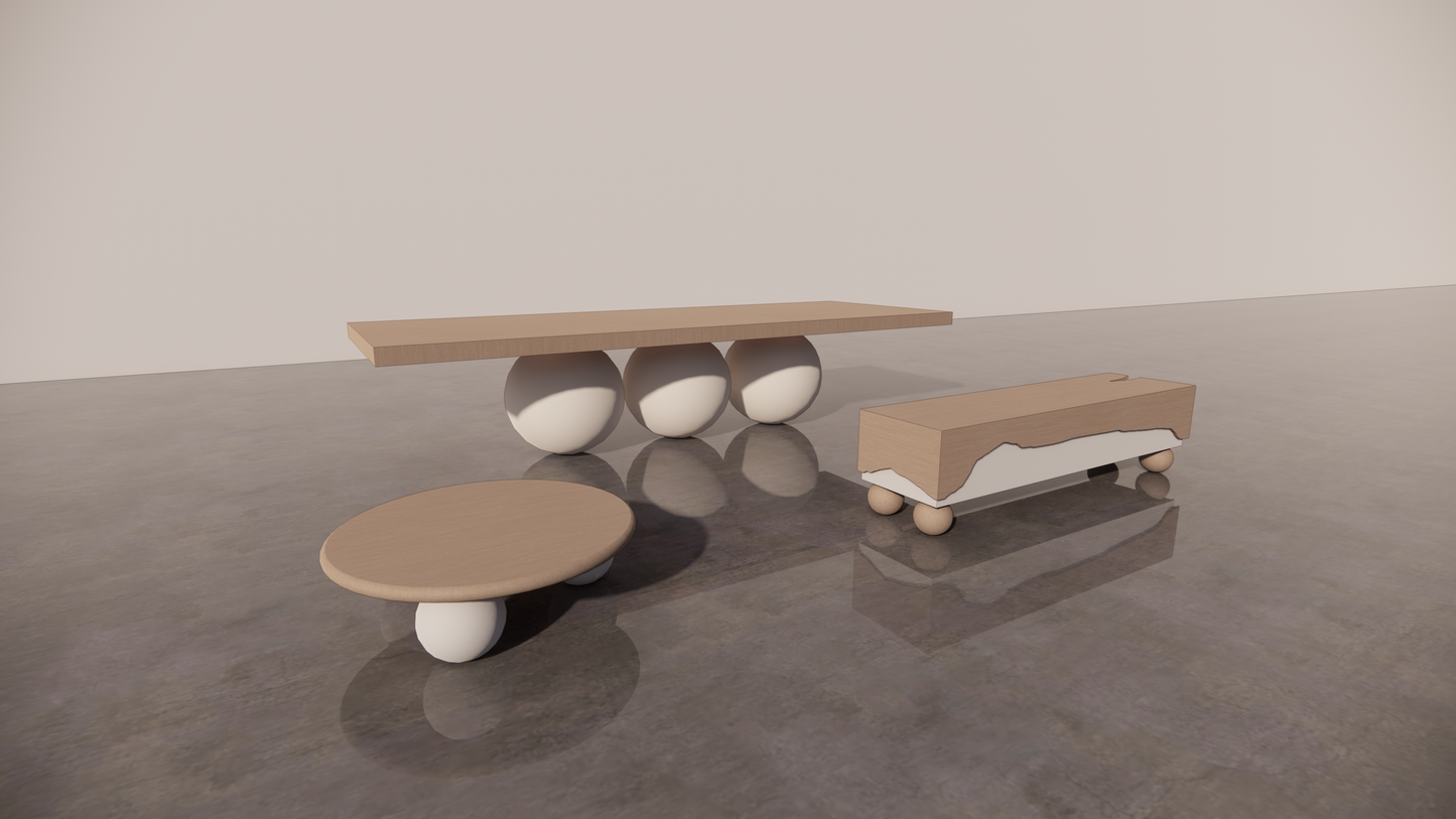 Natural Victorian Ash Light Matte Wood Matching Furniture Bundle Set 3 Piece Two-Tone Dining Table Circular Coffee Table TV Unit Matte Warm White Tones Front