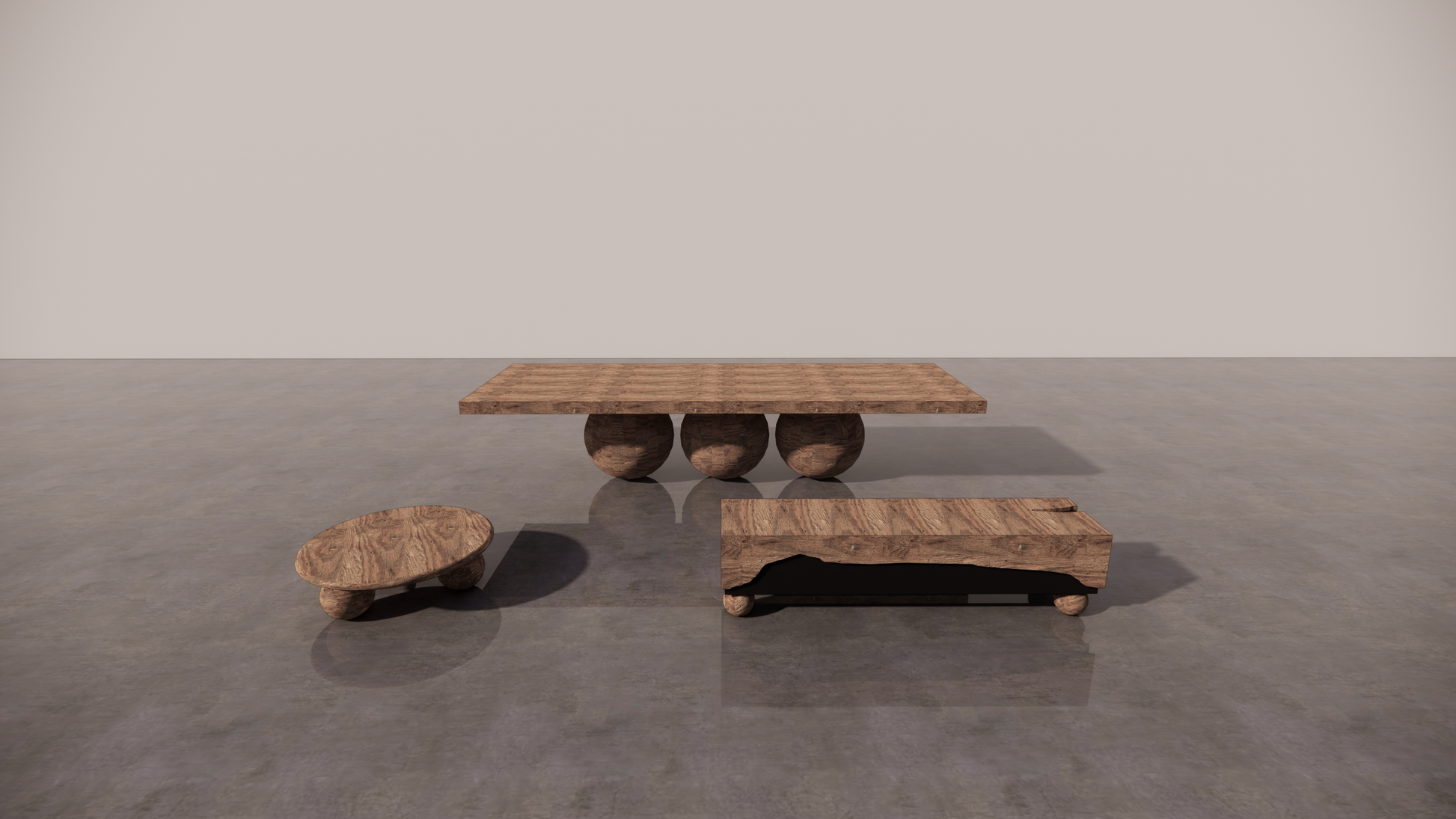 Natural Australian Blackwood Textured Dark Wood Furniture Bundle Set 3 Dining Table Circular Coffee Table Two Tone Dark Wood Textured With  Low Sheen Satin Finish TV Unit Front