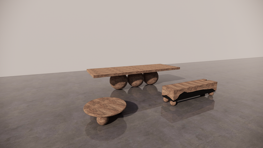 Natural Australian Blackwood Textured Dark Wood Bundle Complete Furniture Bundle Set 3 Dining Table Circular Coffee Table Two Tone Dark Textured Wood TV Unit Black With Low Sheen Satin Finish Front