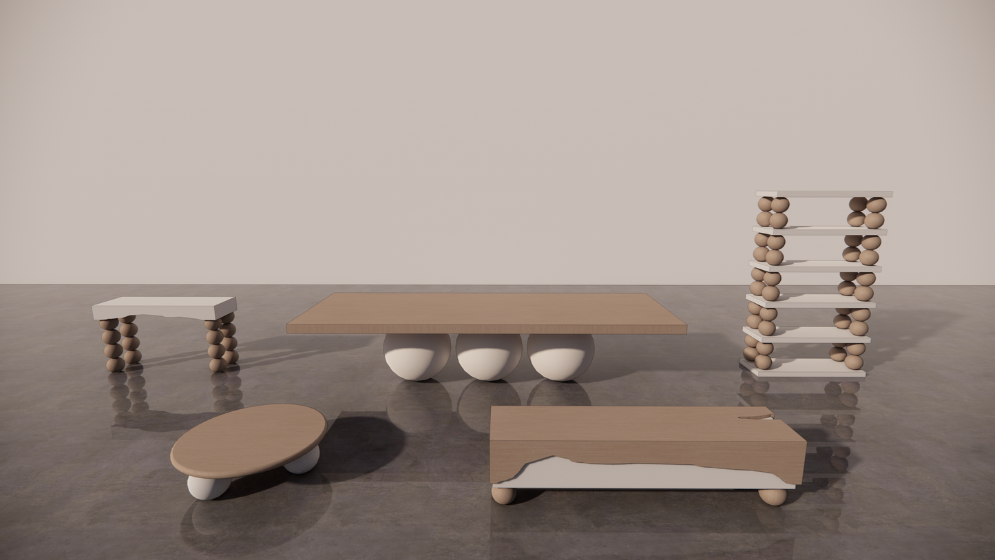 Natural Victorian Ash Light Matte Wood Two Tone Warm White Matte Tones 5 Piece Bundle Furniture Set Dining Table Circular Coffee Table Étagère Console TV Unit Easy Decision Making Designer Front