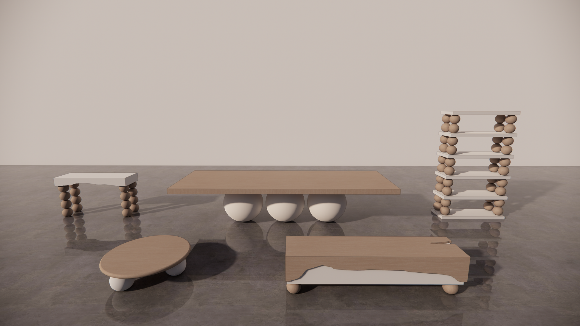 Natural Victorian Ash Light Matte Wood Two Tone Warm White Matte Tones 5 Piece Bundle Furniture Set Dining Table Circular Coffee Table Étagère Console TV Unit Easy Decision Making Designer Front