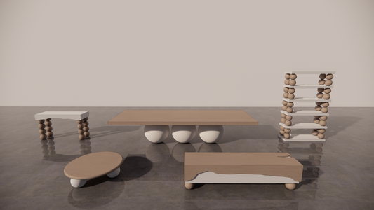 Natural Victorian Ash Light Matte Wood Two Tone Warm White Matte Tones 5 Piece Bundle Furniture Set Dining Table Circular Coffee Table Étagère Console TV Unit Easy Decision Making Designer Front