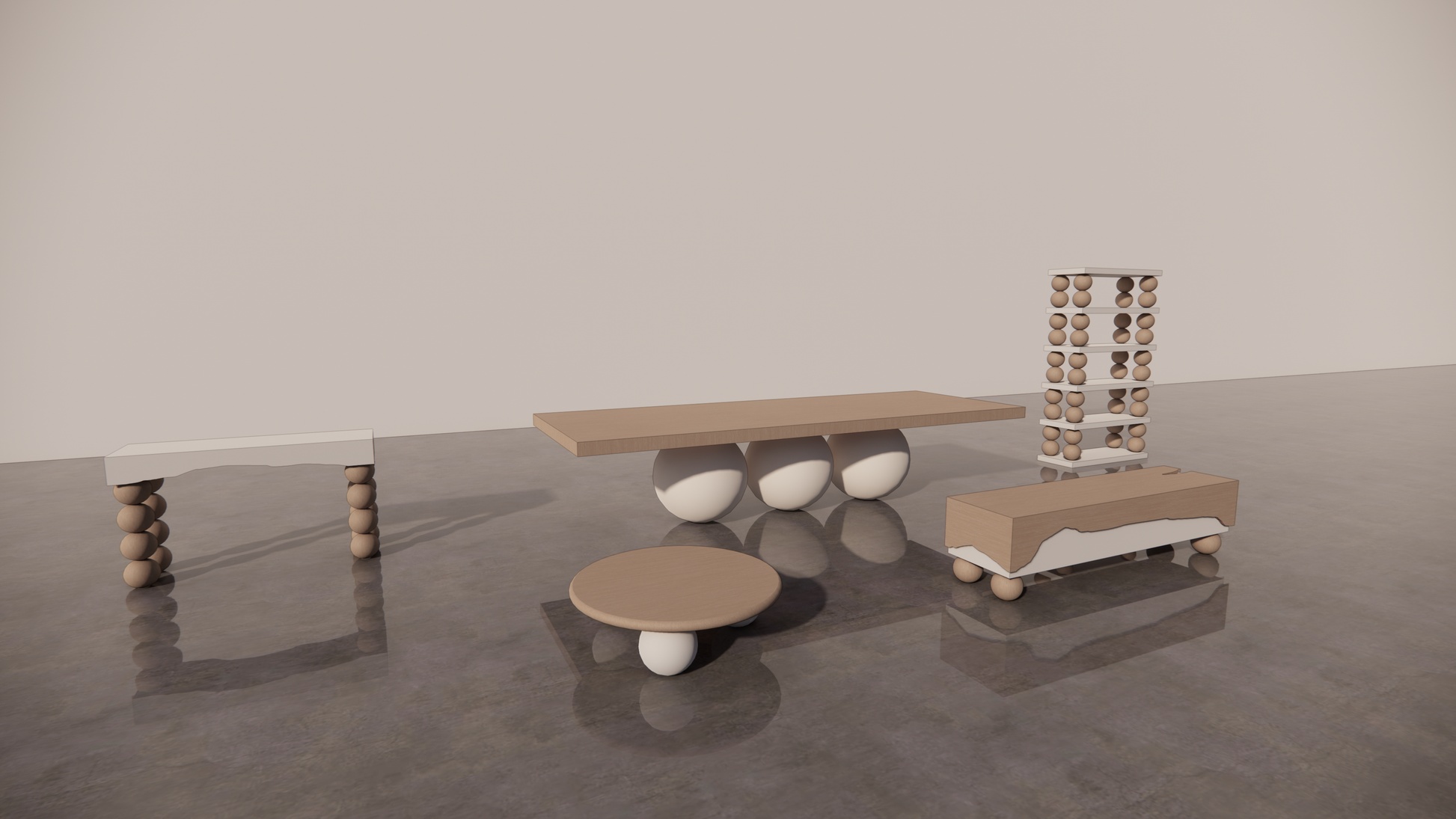 Natural Victorian Ash Light Matte Wood Two Tone Warm White Matte Tones 5 Piece Bundle Furniture Set Dining Table Circular Coffee Table Étagère Console TV Unit Easy Decision Making Designer Front