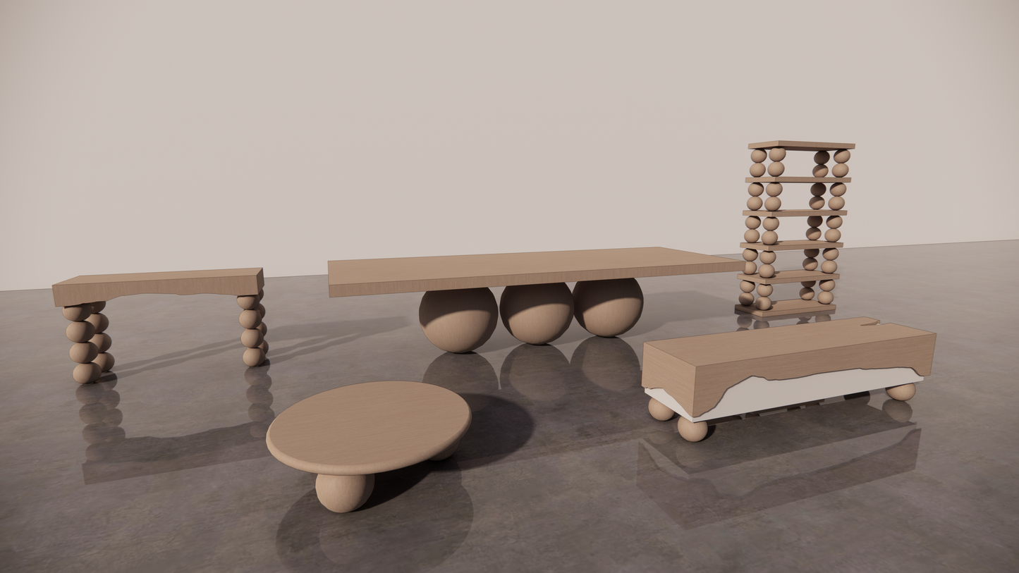 All Natural Victorian Ash Light Matte Wood Bundle 5 Piece Furniture Set Dining Table Circular Coffee Table Étagère Console Two Tone White Cream Matte TV Unit Front