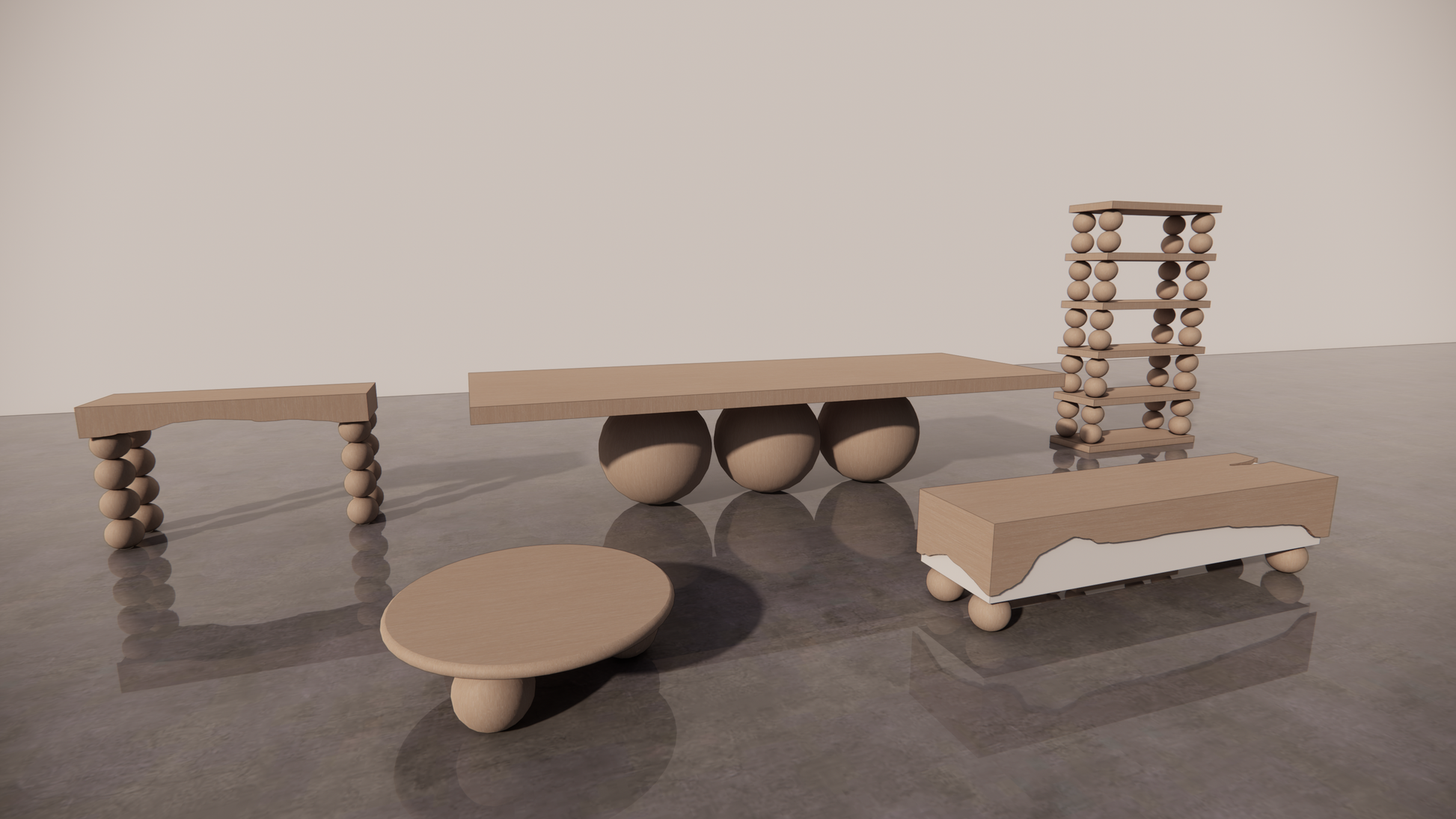 All Natural Victorian Ash Light Matte Wood Bundle 5 Piece Furniture Set Dining Table Circular Coffee Table Étagère Console Two Tone White Cream Matte TV Unit Front