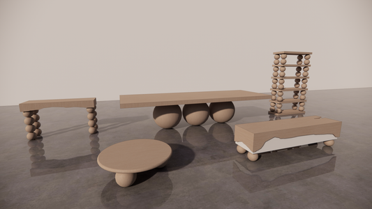 All Natural Victorian Ash Light Matte Wood Bundle 5 Piece Furniture Set Dining Table Circular Coffee Table Étagère Console Two Tone White Cream Matte TV Unit Front