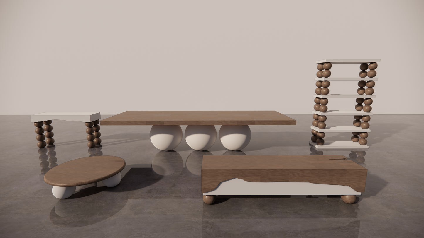 Natural Victorian Timber Dark Wood Low Sheen Satin Finish Mixed With Light Cream White Tones 5 Piece Furniture Bundle Set Dining Table Circular Coffee Table Étagère Console TV Unit Front
