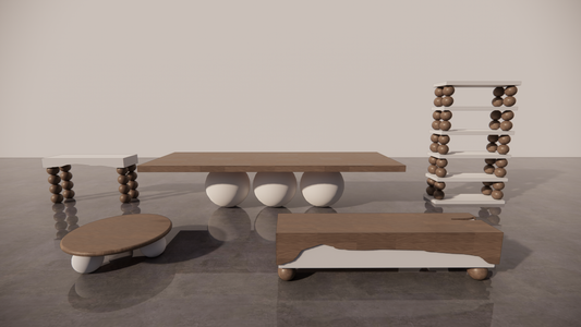 Natural Victorian Timber Dark Wood Low Sheen Satin Finish Mixed With Light Cream White Tones 5 Piece Furniture Bundle Set Dining Table Circular Coffee Table Étagère Console TV Unit Front