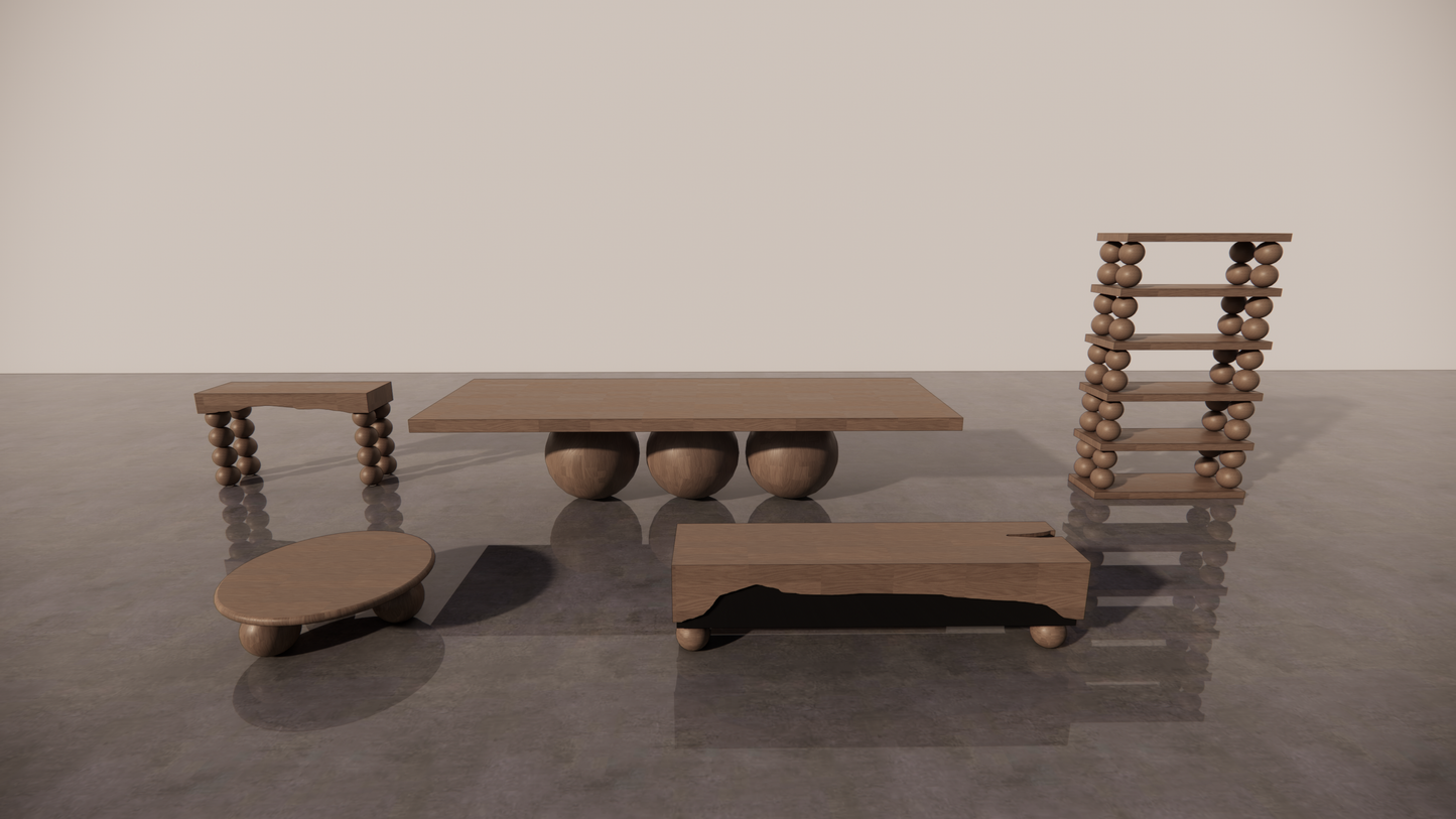 All Natural Victorian Dark Wood 5 Piece Bundle Furniture Set Low Sheen satin Finish Dining Table Circular Coffee Table Étagère Console Two Tone TV Unit Matte Black Front