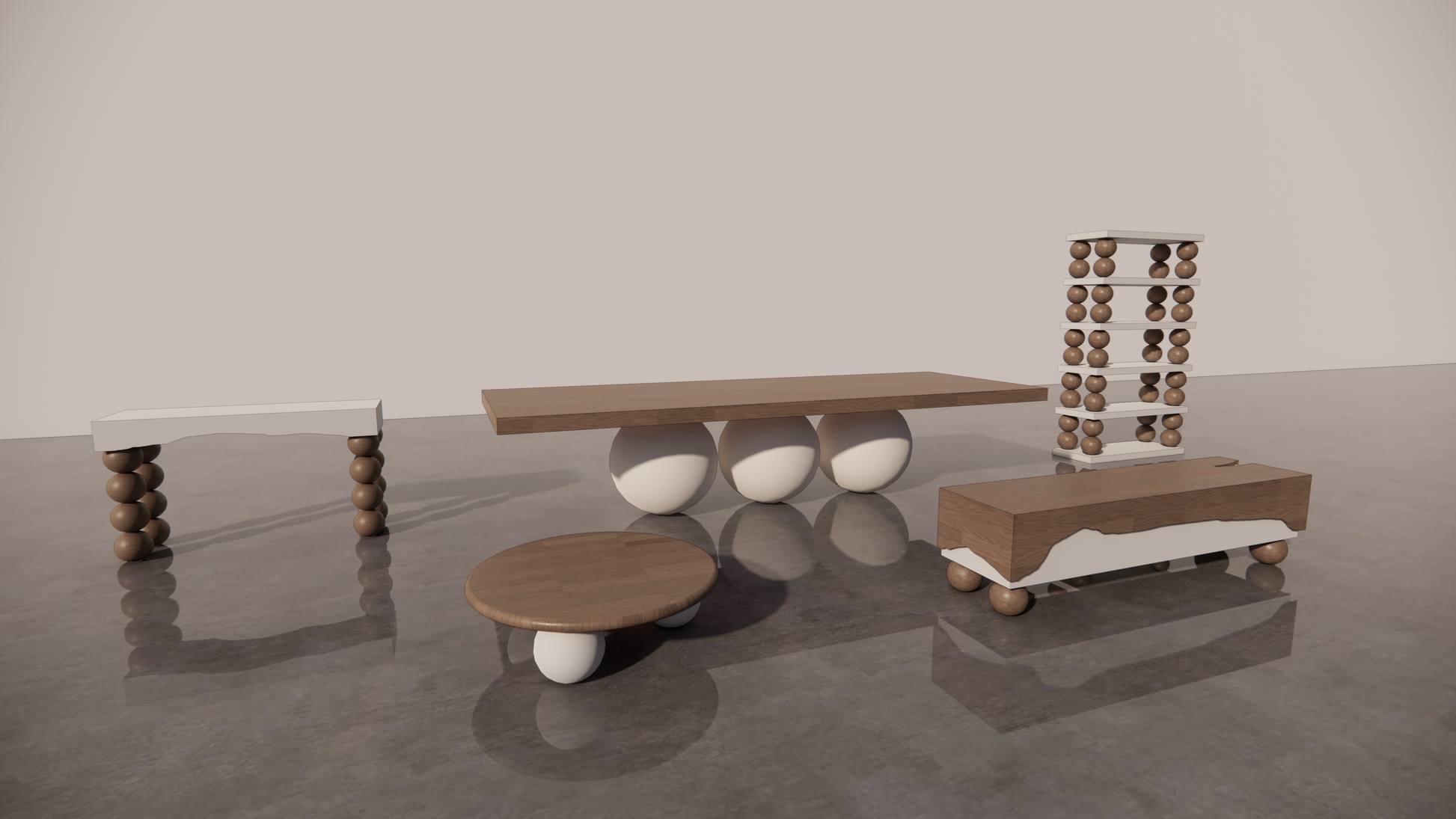 Natural Victorian Timber Two Tone Dark Wood Low Sheen Satin Mixed With Cream White Matte Tones Bundle 5 Piece Furniture Set Dining Table Circular Coffee Table Étagère Console TV Unit Front