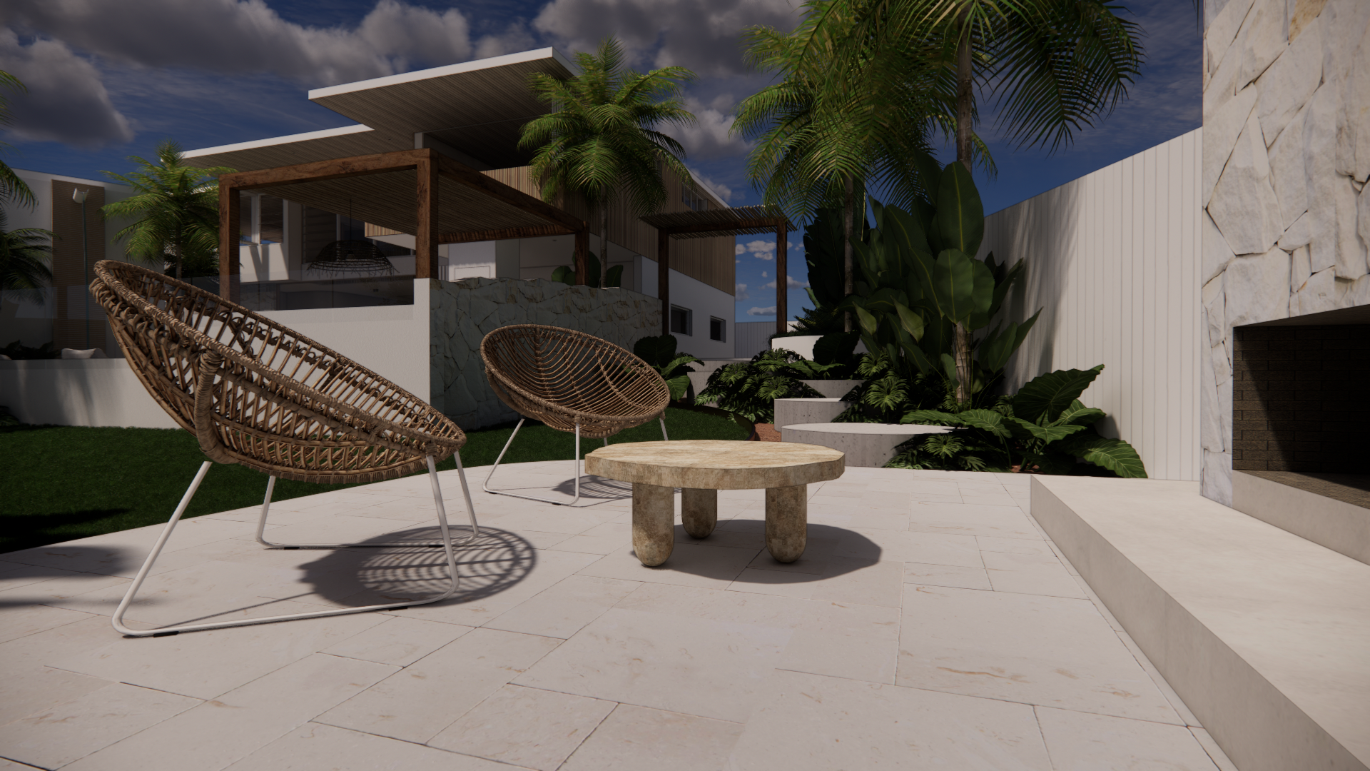Natural Stone Premium Silver-Brown Travertine Brown-Grey Textured Finish Organic Coffee Table Outdoor Exterior Courtyard Alfresco Fireplace